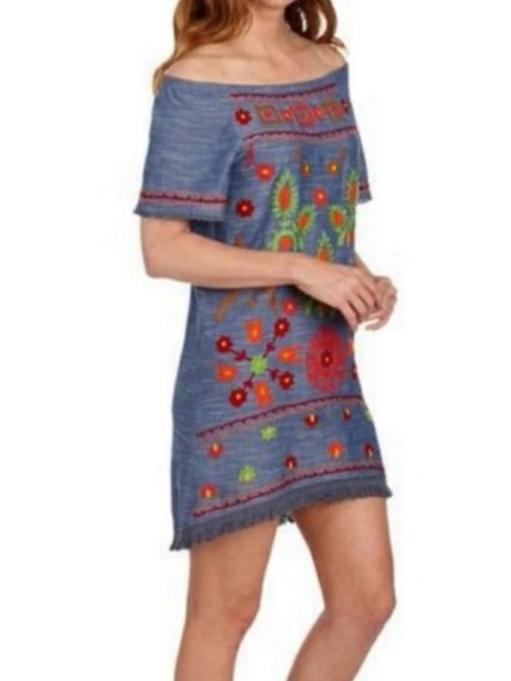 Rock & Indigo Women's Blue Embroidered Fringe Boho Hippie Mini Dress M